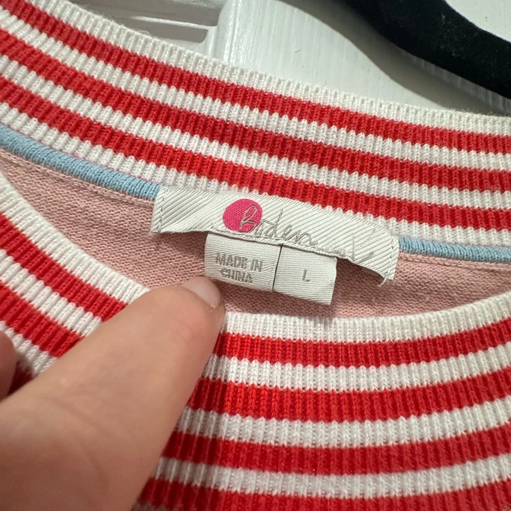 Boden Pink Crew Neck Sweater with Striped Trim - Picture 2 of 5